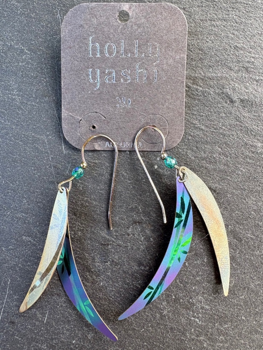 Vintage Holly Yashi Anodized Niobium "Bamboo Leaf" Dual-Layer Dangle Earrings